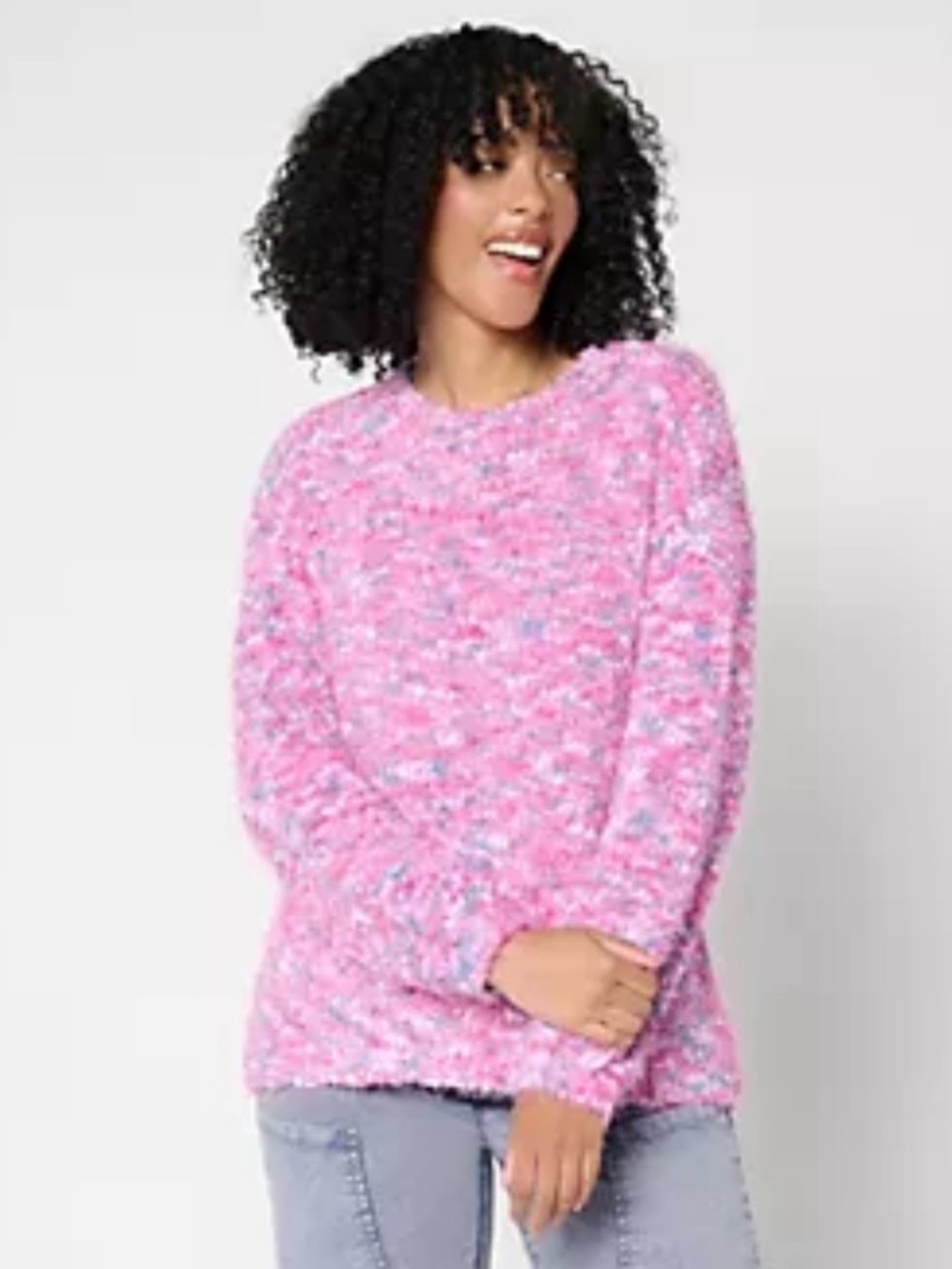 LOGO by Lori Goldstein Confetti Yarn High Low Hem Sweater in Pink Blossom